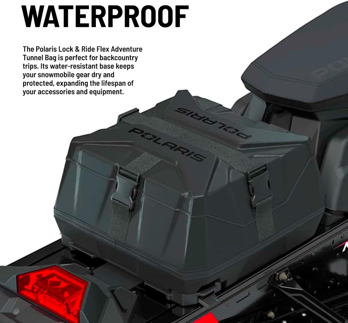 Polaris Snowmobile Lock & Ride Flex Adventure Tunnel Bag, Tal, Black, Easy Install, Waterproof, Storage Bag for Gear - 2884456