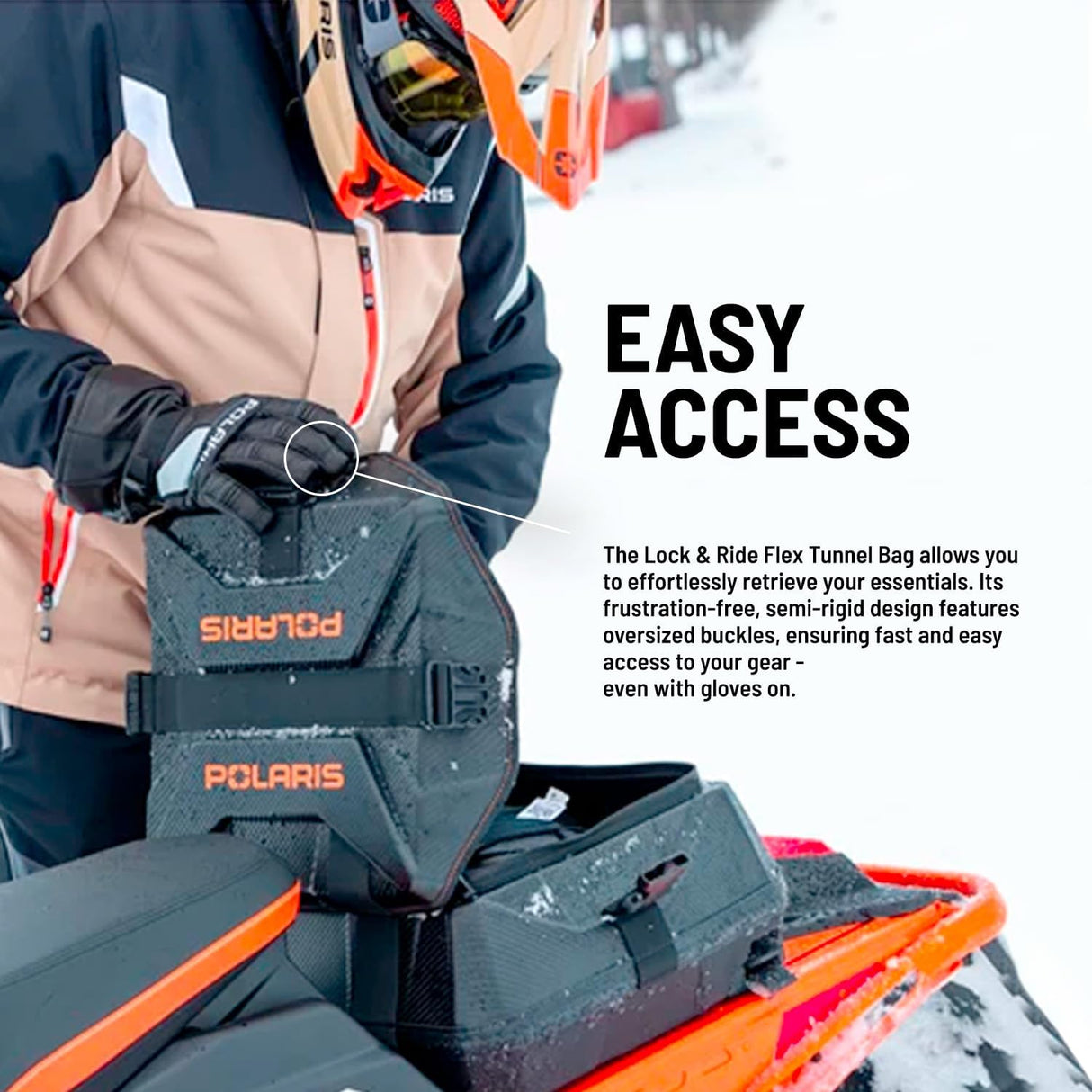Polaris Snowmobile Lock & Ride Flex Adventure Tunnel Bag, Tal, Black, Easy Install, Waterproof, Storage Bag for Gear - 2884456