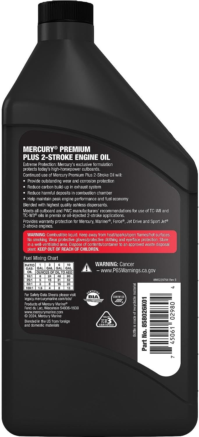 Mercury 2-Stroke Premium Plus Synthetic Blend Marine Engine Oil, 1 Quart 858026K01